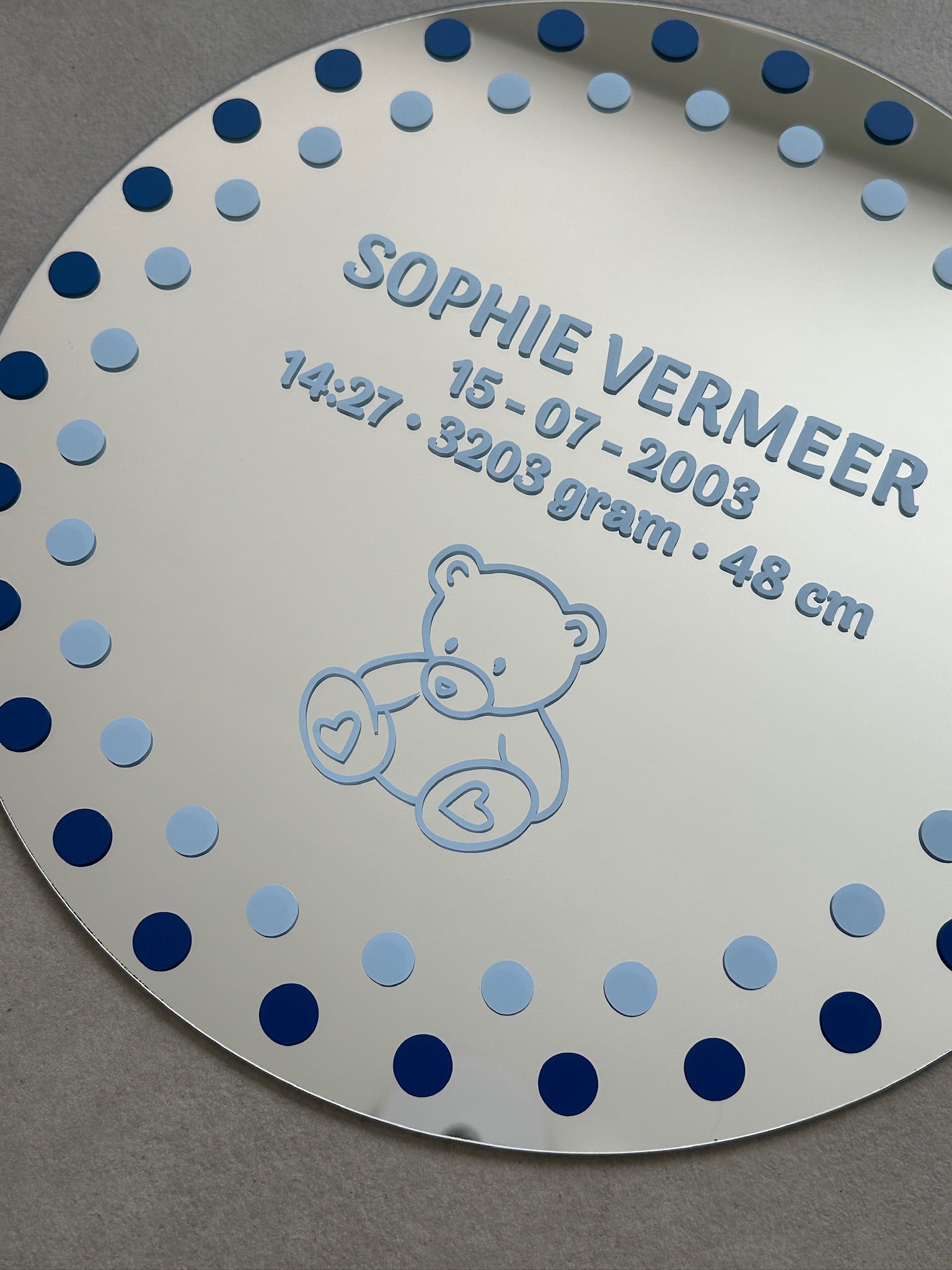 Custom birth bear mirror blue tones