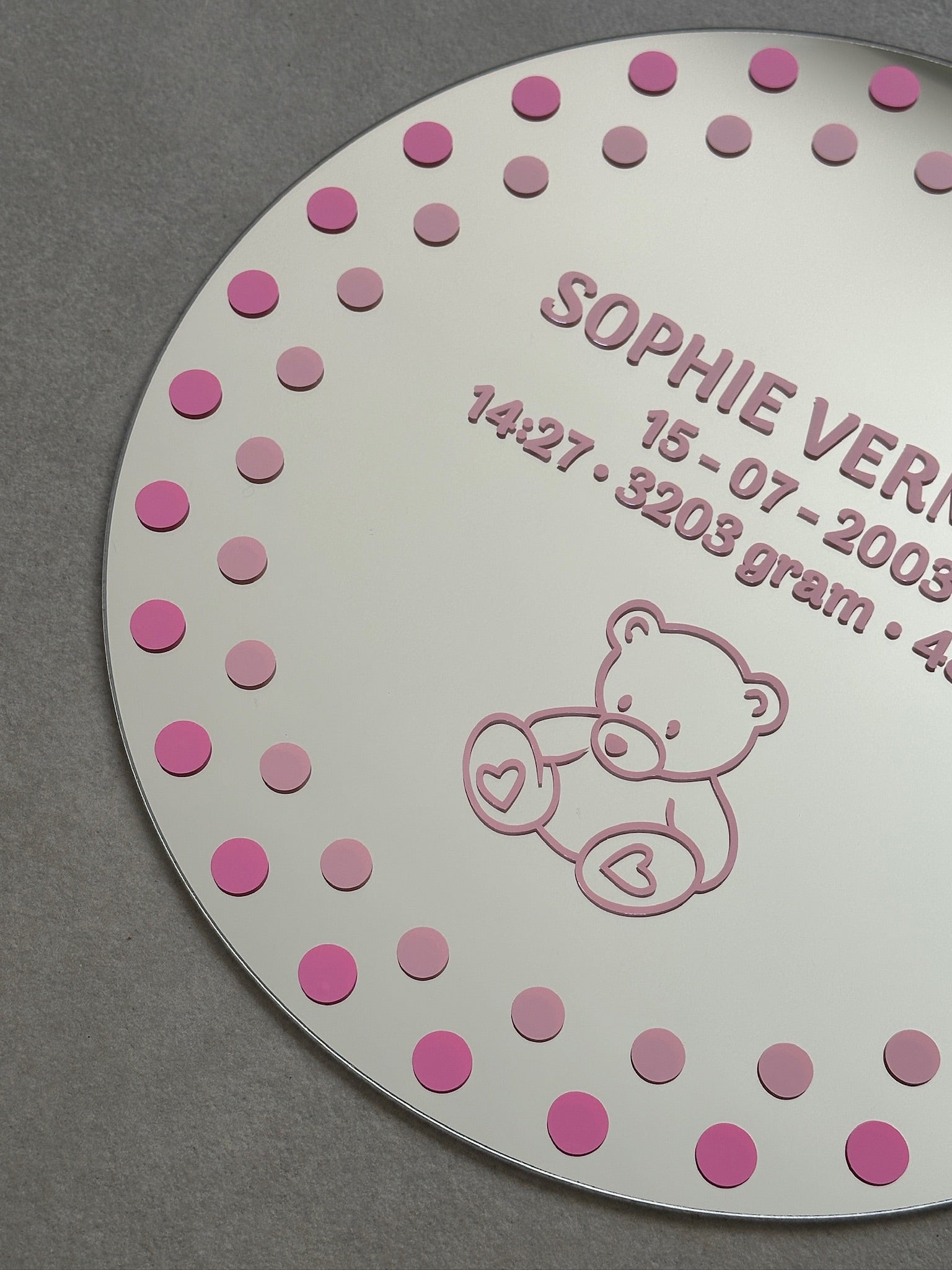 Custom birth bear mirror pink tones